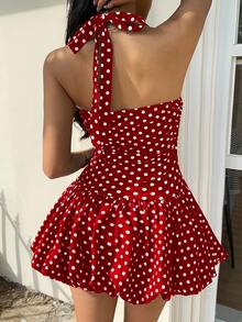 SHEIN EZwear 夏季女士撞色波点印花迷你连衣裙 红色波点连衣裙 波点连衣裙 波点吊带连衣裙 女士波点连衣裙 女士夏季连衣裙 吊带迷你连衣裙 女士连衣裙 - 酒紅色 - 查看 2