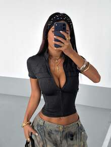 SHEIN Sweetro Women's 2000s Style Going Out Elegant & Sweet Fitted Jacket, Spring/Autumn - Black - View 6