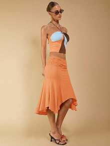COSMINA Women's Elegant Asymmetrical Ruched Brown Skirt, Suitable For Spring And Summer Vacation - Orange - View 3