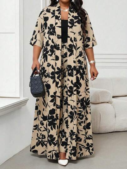 SHEIN Lady Plus Size Women Floral Print Robe And Pants Casual 2 Pieces Set, Summer Outfits