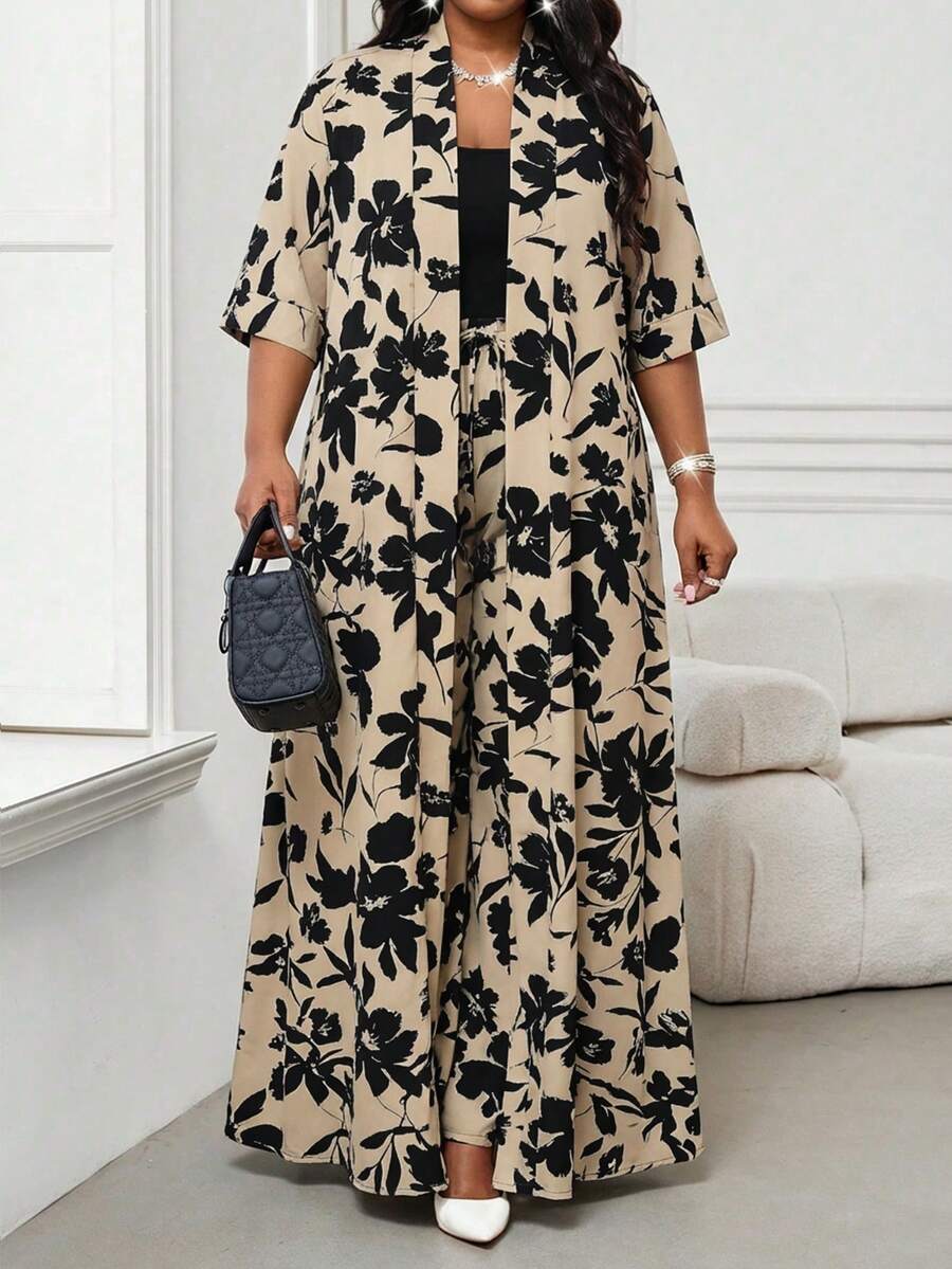 SHEIN Lady Bộ áo choàng và quần dài in hoa dành cho nữ cỡ lớn, kiểu dáng thường ngày, gồm 2 món. - Nhiều màu - Xem 1