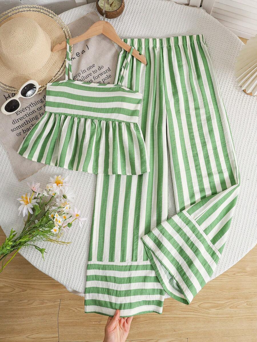 SHEIN 少女时尚优雅条纹编织吊带背心套装 - 綠色 - 查看 1