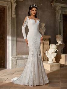 Aureia Elegant Luxurious Elastic Knit Applique Contrast Lace Mermaid Tail Skirt With Train, Suitable For Wedding, Party, Vacation, Ball Gown - White - View 4