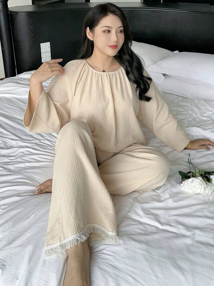 Dazy Plus Plus Size Women's Solid Color Scoop Neck Patchwork Fringe Loose Top And Long Pants Pajama Set, Spring/Summer
