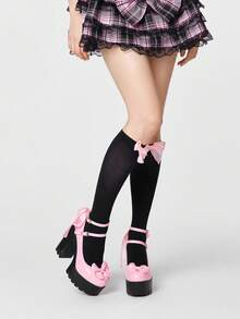 ROMWE Kawaii Women's Sexy Platform Mary Jane Shoes With Lace Bow Embellishment At The Back; Stylish Double-Strap Adjustable Back Strap With Buckle For Spring And Autumn; Perfect For Parties, Outings, And Dates. Y2K 2000s Style - Pink - View 2