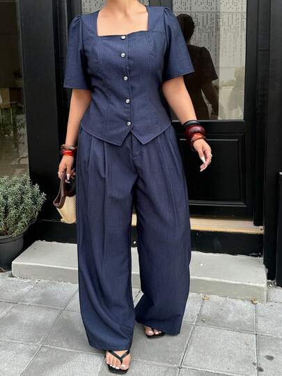 Dazy Plus Plus Size Women's Casual, Office, Commute Simple Solid Color Square Collar Puff Sleeve Fitted Shirt And Pleated Wide Leg Loose Pants 2-Piece Set, Spring/Summer/Autumn