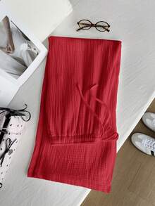 Comfortcana Quần ống rộng dáng suông, màu trơn, chất liệu vải nhăn, có dây rút, thích hợp cho kỳ nghỉ hè, cỡ lớn. - Đỏ - Xem 3