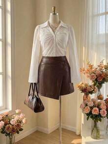 SHEIN MOD Quần short xếp lớp bất đối xứng màu nâu kiểu retro cỡ lớn - Phong cách sinh viên, thập niên 70, thường ngày, thoải mái, đi làm, thẩm mỹ cổ điển, phù hợp cho học sinh, giáo viên và trang phục công sở, quần short da màu nâu, màu nâu, bốt cổ thấp, thập niên 70, chân váy màu nâu - màu nâu - Xem 7
