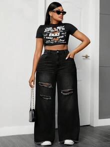 SHEIN ICON 大码女式口袋破洞宽松阔腿休闲牛仔裤 - 黑色 - 查看 6