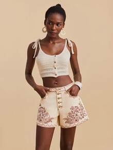 Travachic 女士休闲宽松牛仔短裤，腰果印花，纽扣门襟和口袋 - 卡其色 - 查看 5