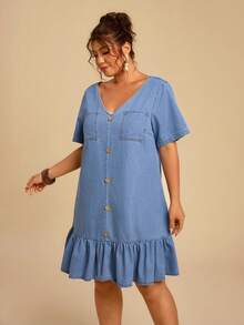 Travachic Vestido de mezclilla informal con volantes en el bajo para tallas grandes - Azul lavado medio - Ver 6