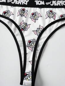 TOM & JERRY X SHEIN Quần lót nữ cỡ lớn, cạp chun in chữ và họa tiết hoạt hình, kiểu dáng thường ngày. - Đen và trắng - Xem 6