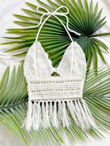 Soleia 女士串珠露背流苏针织上衣，适合度假、约会、下午茶、海滩、邮轮、城市旅行、婚礼季、音乐节、波西米亚风假期等场合。 - 彩色 - 查看 2