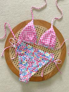 Swim Mod Conjunto de bikini de 2 piezas con top de cuello de halter y Bottom de triángulo con lazo lateral, estilo dulce y lindo para mujer, para verano - Multicolor - Ver 2