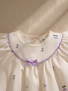 Souflis Souflis Baby Girls' Summer New Striped Cherry Print Flutter Sleeve Ruffle Collar Red Trim Bow Decor Back Placket Simple Fashion Princess Dress - Multicolor - View 8