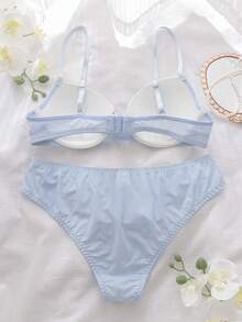 DelicateAllure 蕾丝网纱拼接文胸内裤套装，高支撑，提拉聚拢，可爱迷人女士内衣 - 藍色 - 查看 2