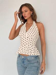 Almamuse Women's V-Neck Halter Ruffle Polka Dot Sleeveless Top, Suitable For Spring Music Festivals - Apricot - View 4