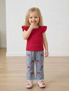 SHEIN Baby Girls' Cute Bow Denim Long Pants And Cap Sleeve Top Set, Spring/Summer - Red - View 9