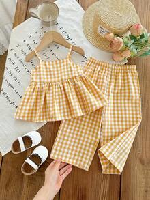 SHEIN Babygirl Cute Plaid Camisole Top And Elastic Waist Pants Set, Summer - Yellow - View 7