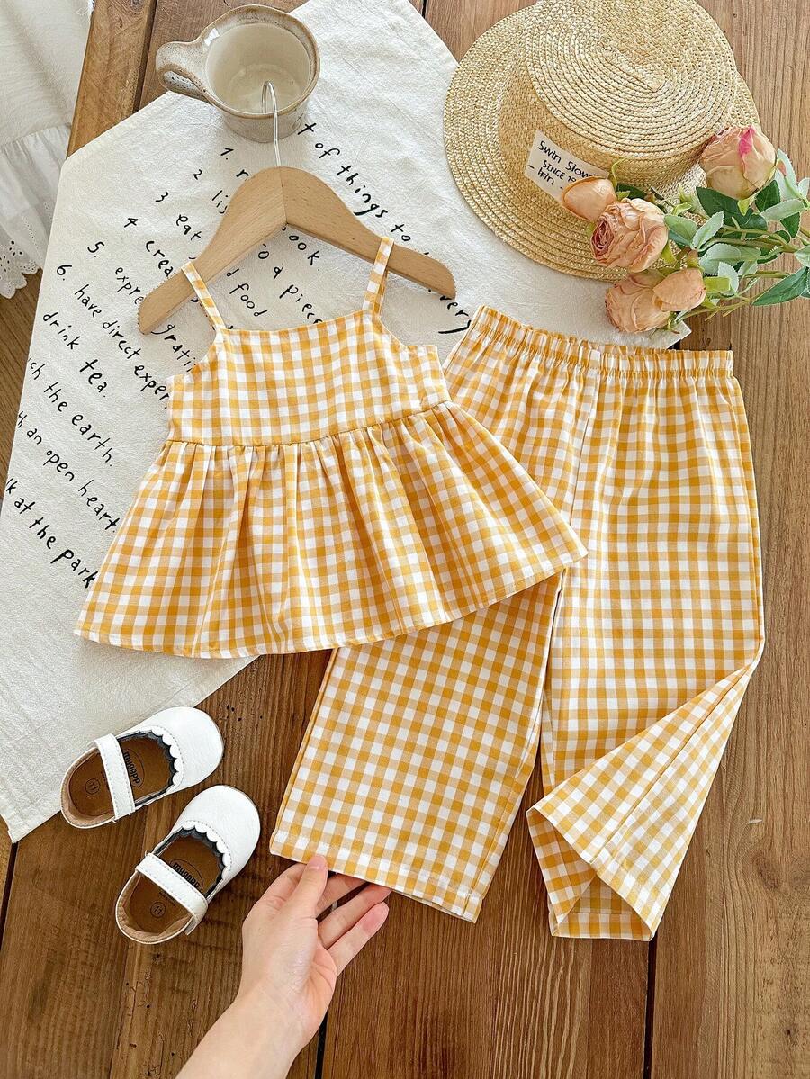 LMoss Kids Babygirl Cute Plaid Camisole Top And Elastic Waist Pants Set, Summer - Yellow - View 1