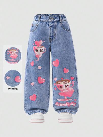 Young Girl Fashionable Snowflake Cartoon Pattern Pocket Loose Wide-Leg Casual Jeans Cutesy Clothes