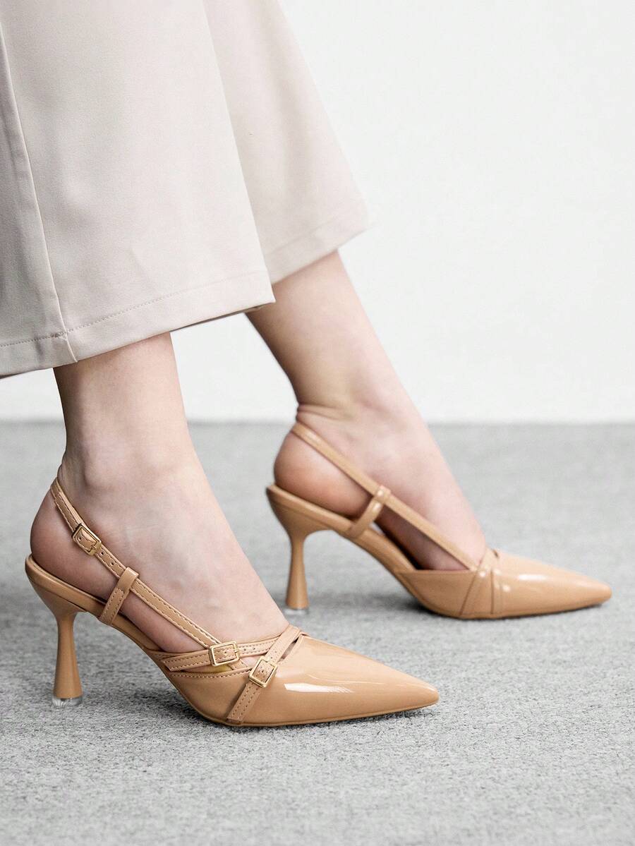 CUCCOO BIZCHIC 女士尖头细高跟鞋杏色交叉绑带时尚简约百搭日常通勤购物女鞋后跟绑带露跟鞋 - 杏色 - 查看 1