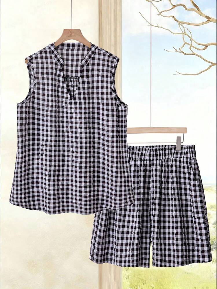 Plus Size Women Plaid V-Neck Camisole And Shorts Casual 2-Piece Set\Summer\Vacation Summer Outfits Summer Clothes  Spring  Spring Outfit Women Spring Clothes Country Style For Women Women's Summer Two-Piece Sets