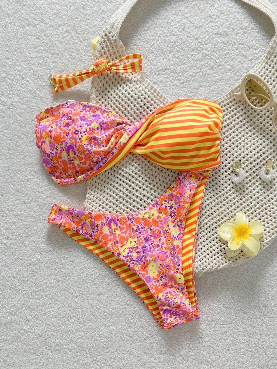 Swim Vcay 2026春夏女式荧光黄花卉+橙色条纹拼接可拆卸细肩带扭腰侧高衩比基尼套装，适合海滩摄影 - 彩色 - 查看 1