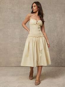WESTFADE V Neck Tie Front Smocked Drop Waist Fit & Flare Sleeveless Striped Midi Dress - Yellow - View 1