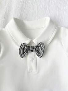 3pcs Newborn Baby Boy Cute Summer Gentleman Style Plaid Vest, Long Pants, Bow Tie Romper Outfit Set - Grey - View 9