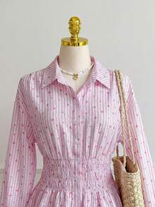 SHEIN EZwear Camisa casual de talla grande con estampado de corazones a rayas, otoño - Multicolor - Ver 4