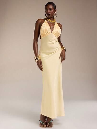 Normani Damen Einfarbiges plissiertes rückenfrei figurbetontes sexy Modekleid