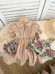 SHEIN Baby Girl Vintage Floral Pattern Vest & Peter Pan Collar Short Sleeve Dress Set - Multicolor - View 2