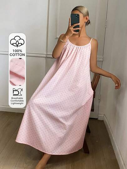 DAZY Polka Dot Print Tie Back Bow Decor Long Nightgown For Women