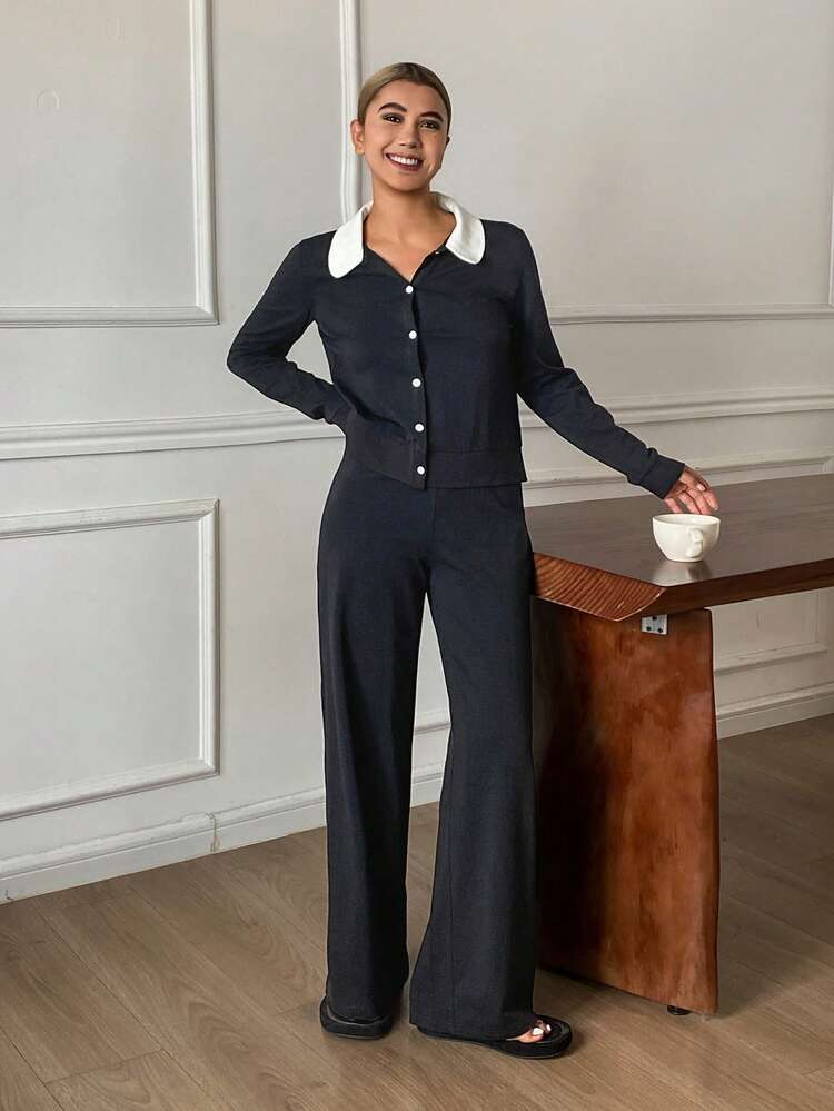 Contrast Color Design Knit Women Pajama Set