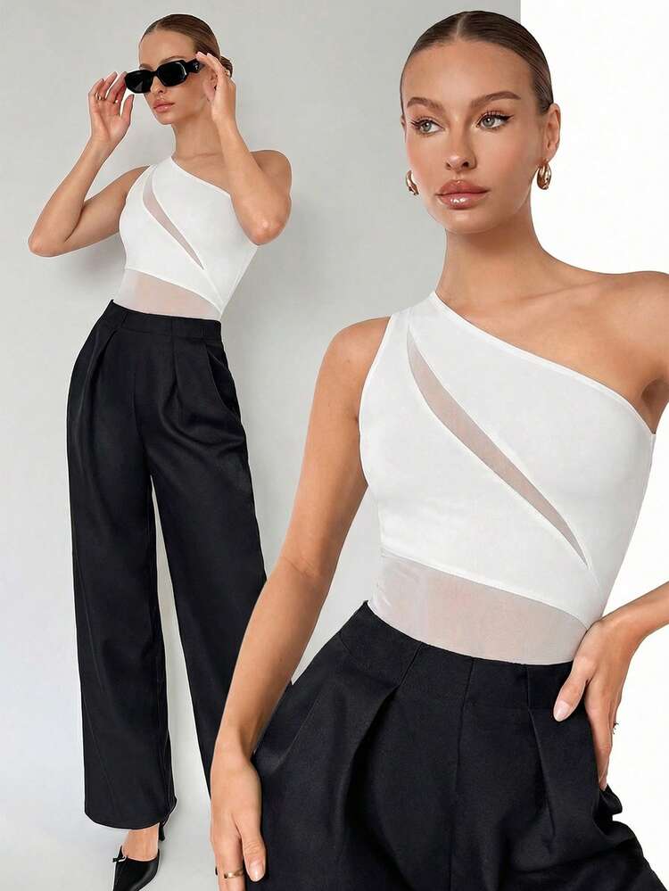 SHEIN Maija Women's Solid White Color Mesh Patchwork Sleeveless Bodysuit  St Patrick's Day Women Easter Summer Outfits Easter Dress Women Party Top Beach Dress Summer Holiday Outfits Each Vacation Outfits For Women  Summer Outfit For Women Going Out Outfits Graduation Graduation Outfit  Casual Dresses  Casual Blouses For Women