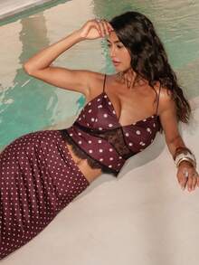 NOVVYNE 女士时尚性感蕾丝波点吊带背心和迷你裙两件套 - 黑與白 - 查看 4