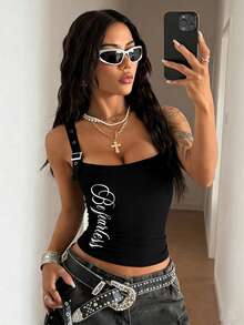 StreetHx Áo camisole nữ thời trang mùa hè, họa tiết chữ, cổ tròn, ôm sát. - màu đen - Xem 3