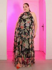 Pretty and Ole Đầm dự tiệc không tay bằng vải chiffon họa tiết hoa dành cho nữ cỡ lớn, thanh lịch, chất liệu lưới, thích hợp cho các dịp đặc biệt. - màu đen - Xem 1