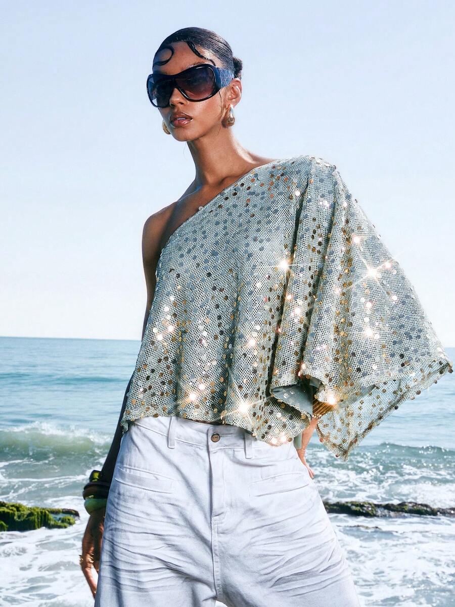 LYSMO 2026 New Arrive Minimalism Spring/Summer Women's Sequin Patchwork Asymmetric Collar Loose Blouse - Olive Green - View 1