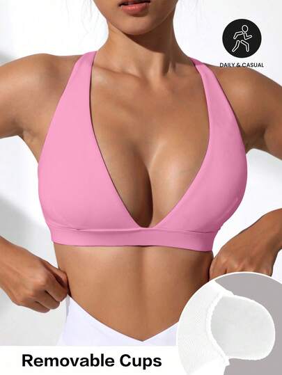 Easithlete Women's Sexy Minimalist Daily Commute Casual Solid Color Deep V-Neck Backless Sports Bra