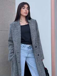 Hitanina 女士人字形翻领长袖长款大衣，秋冬款 - 灰色 - 查看 5