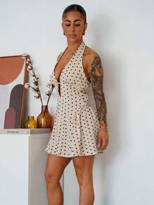 SAYEHFBABY 女式性感波尔卡圆点印花深V领露背迷你连衣裙，度假风格，夏季 - 杏色 - 查看 5