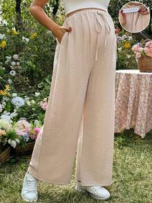 SHEIN Women's High Waist Loose Casual Pants,Pregnant Solid Color Elastic Drawstring Pocket Wide Leg Summer Capri Pants,Linen Two Piece Set,Peach,Sommar - Khaki - View 1