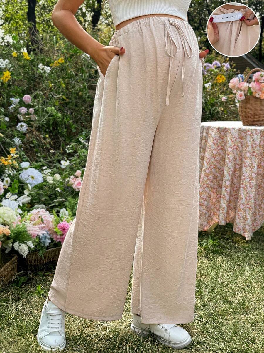 SHEIN Women's High Waist Loose Casual Pants,Pregnant Solid Color Elastic Drawstring Pocket Wide Leg Summer Capri Pants,Linen Two Piece Set,Peach,Sommar - Khaki - View 1