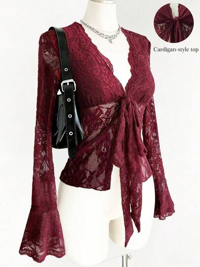 Islaluna Elegant Top Lace Top Sexy Top Date Night Top Open-Front Top Burgundy Top Bow-Tie Top Summer Top Spring Breaks Valentine's Day Beach Top Elegant Women's Top Casual Women Red Top For Women