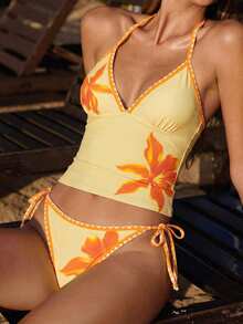 Swim Mod Women's Summer Vacation Casual Beach Wear Yellow Tropical Floral Print Bikini Two Pieces Swimsuit Set With Halter Neck Tie And Ruffle Trim - Multicolor - View 4