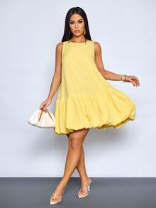 SOLERSUN Women's Elegant Scoop Neck Chic Ruffled Hem Summer Party Outfit Puffball Mini Dress - Yellow - View 7