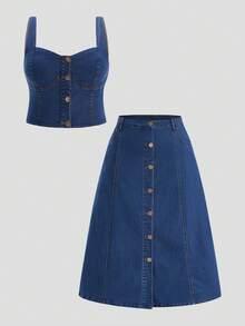 SHEIN MOD Plus Size Summer Casual Sleeveless Top And Denim Skirt 2 Pieces Set For Women,Dark Blue Everyday 2000's Elegant Party Beach Holiday Coords Outfits - Dark Wash - View 7