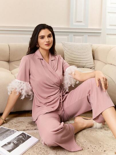 Elegant Vintage Fashion Comfortable High-Quality Mature Charm Crossover Ruched Feather Cuff Contrast Color 2 Pieces Women Pajama Set